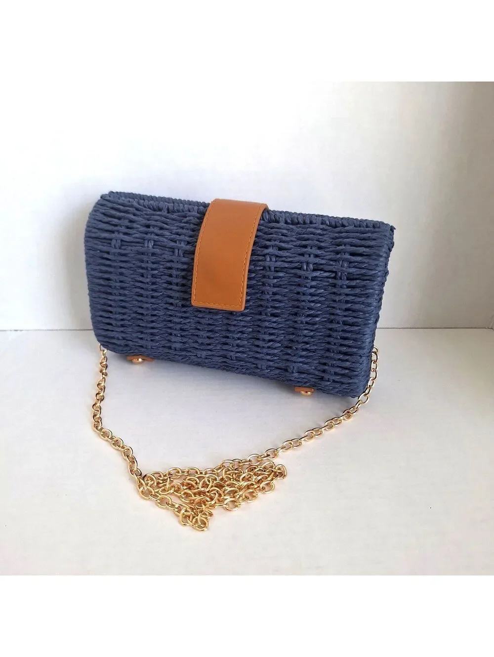 NWOT Shiraleah Blue Wicker Clutch Crossbody Blue Leather Gold Chain